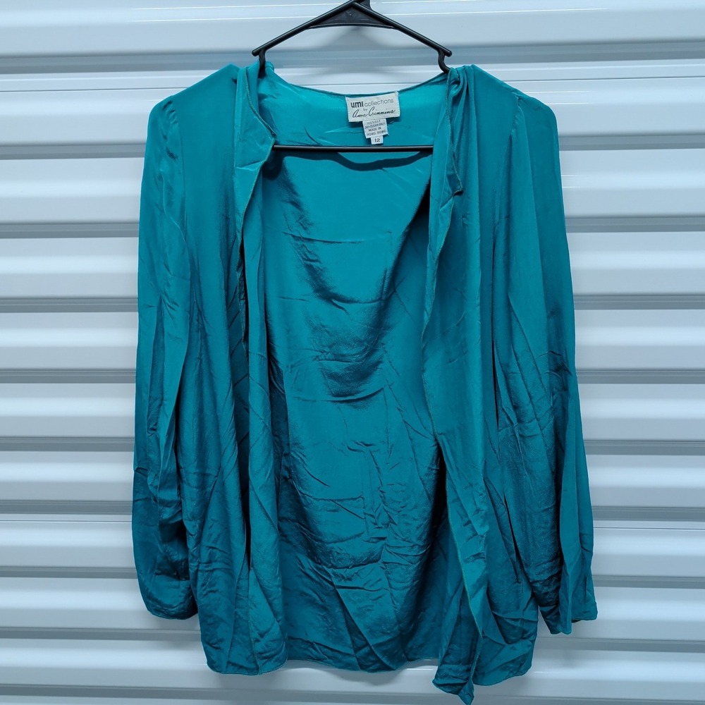 Umi Collections Anne‎ Crimmins Size 12 Womens Teal 100% Silk Open Front Blouse